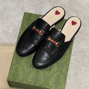 Gucci Princetown Black Leather Slipper Mules Loafers Horsebit Web Stripe